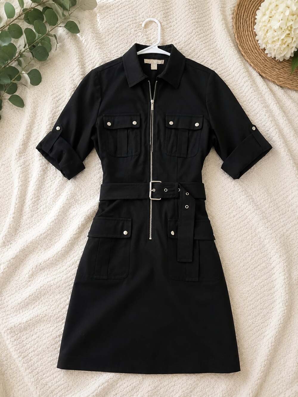 MICHAEL Michael Kors Black Utility Zip-Front Belted Shirt Dress Size S